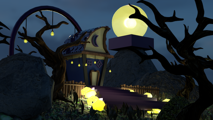 一种森林小屋的游戏艺术，屋顶上有月亮，院子里有黄色灯光。Eden Blas’21的艺术(游戏艺术)。