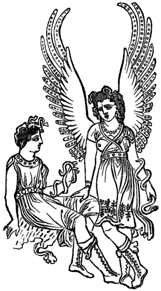 一个天使站在一个人旁边的插图，两个人的胳膊上都缠着一条蛇。
