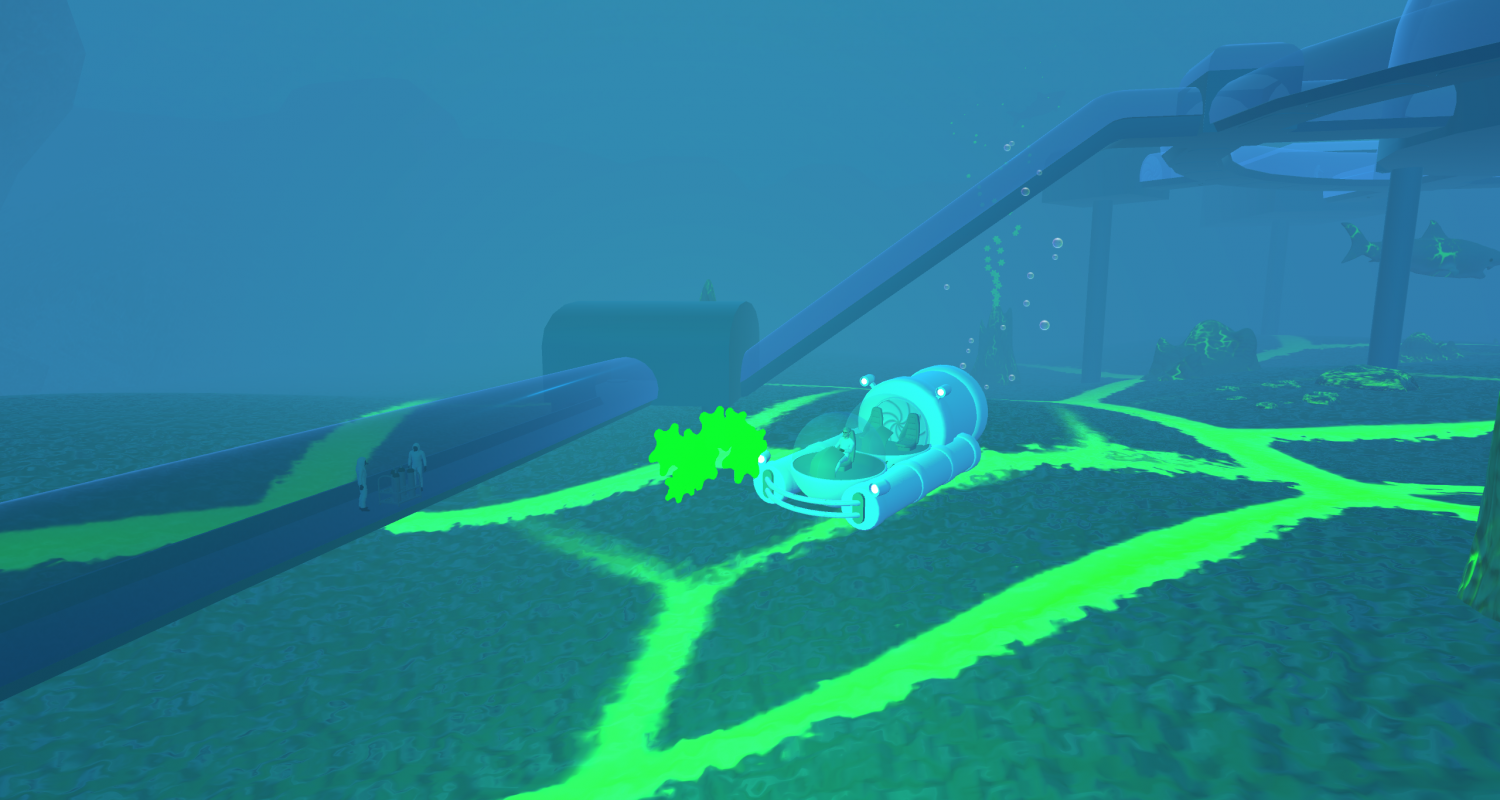 游戏艺术的水下基地与潜艇和霓虹绿色液体线沿海底。艺术:Jason Clibanoff BFA’20