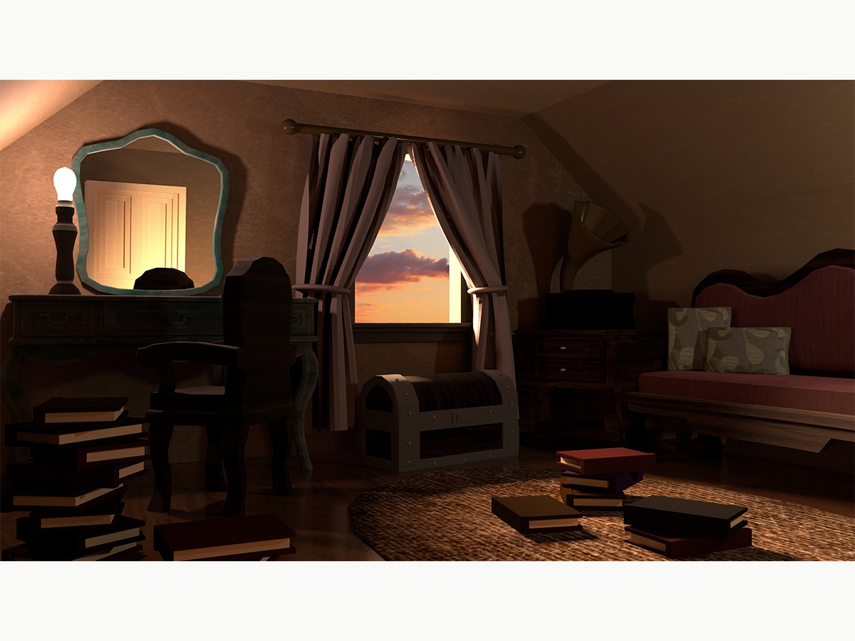 一个房间的游戏艺术与书籍上的书籍，一个窗户下的行李箱，墙上的镜子，一个沙发，拐角处的六个素齿轮，窗户外的窗户外的窗户由rylee cassel，bfa'20