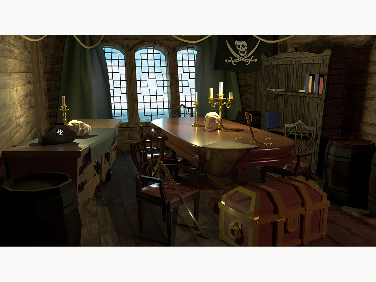 船长的游戏艺术在船上。用蜡烛，头骨，剑和硬币看到一张桌子。桌面下面有一个后备箱和旁边的书架，顶部的七本书。由Luke Helgeen BFA'20的艺术