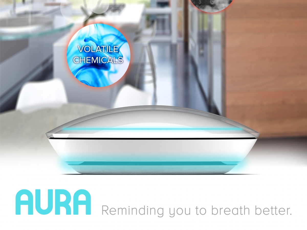 厨房前的空气质量传感器海报上用蓝色字体写着“AURA:提醒你呼吸得更好”