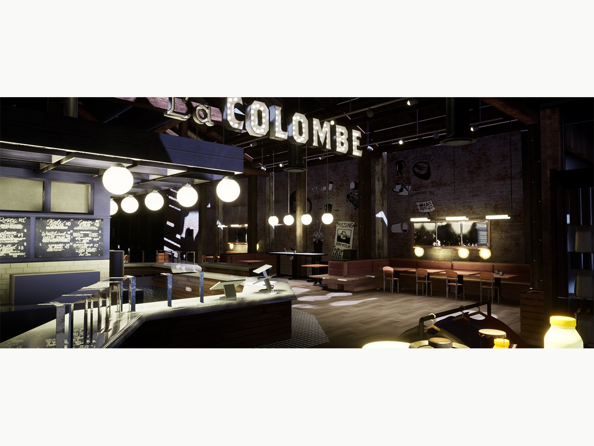La Colombe的游戏艺术，一个空的咖啡馆，圆形的灯从天花板上吊下来，“La Colombe”的字幕和灯泡。Art by Rylee Cassel, Luke Helgesen, Mac Rose and Jason Clibanoff, BFA '20