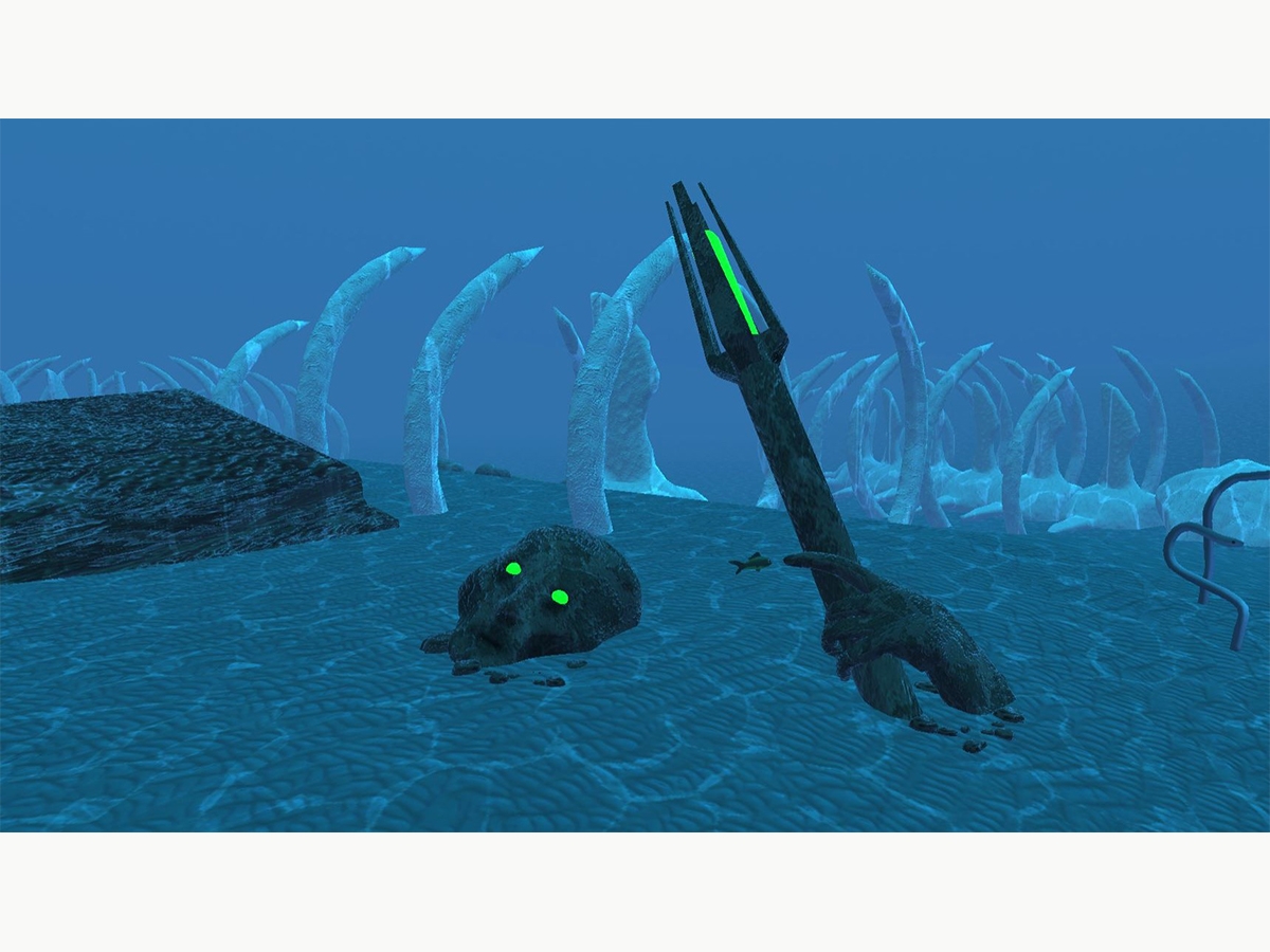 海洋底部的游戏艺术与巨大的骨骼从海底出来，一个被侵蚀的雕像，一个人拿着一个带有发光的绿色尖端和发光的绿色眼睛的septor。艺术:Jason Clibanoff, BFA '20