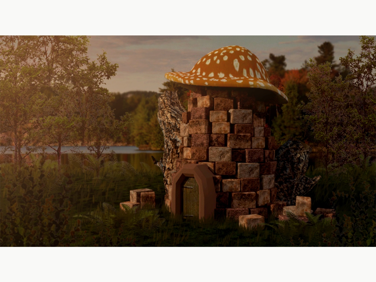 Rylee Cassel BFA’20设计的龙森林建筑的游戏艺术，由砖块制成，屋顶呈蘑菇状