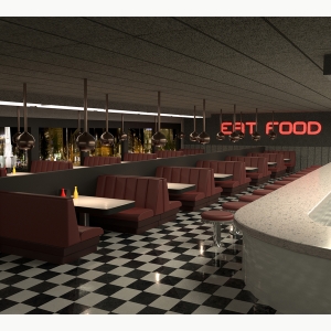 用空摊位，酒吧和标志的小餐馆的游戏艺术由Jason Clibanoff，BFA'20阅读“吃食物”