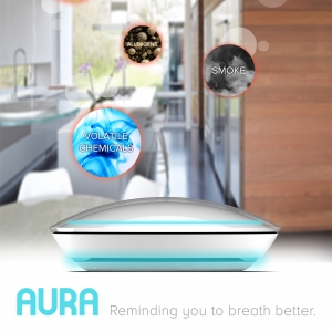 厨房前的空气质量传感器海报上用蓝色字体写着“AURA:提醒你呼吸得更好”
