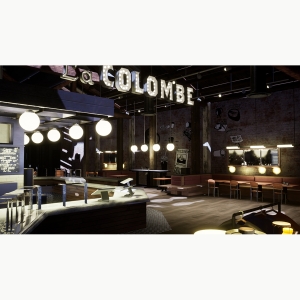 La Colombe的游戏艺术，一个空的咖啡馆，圆形的灯从天花板上吊下来，“La Colombe”的字幕和灯泡。Art by Rylee Cassel, Luke Helgesen, Mac Rose and Jason Clibanoff, BFA '20
