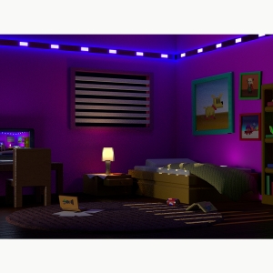 一个房间的游戏艺术与紫红色墙壁，一个壁挂式窗户，墙壁上的艺术，一张床，地板上的书籍和带点亮灯的床头柜。伊甸园Blas'21的艺术。