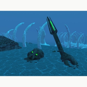 海洋底部的游戏艺术与巨大的骨骼从海底出来，一个被侵蚀的雕像，一个人拿着一个带有发光的绿色尖端和发光的绿色眼睛的septor。艺术:Jason Clibanoff, BFA '20