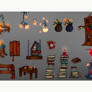 Mac Rose BFA'20的Project L项目的游戏艺术资产。家庭资产包括一堆书籍，带有点燃的蜡烛，盆栽花朵类似蘑菇，这是一个在树干中建造的书架，天花板灯与发光灯泡，一张漂亮的蜡烛蜡，有火和红色的大锅烟，和一个带有发光植物的独轮车。
