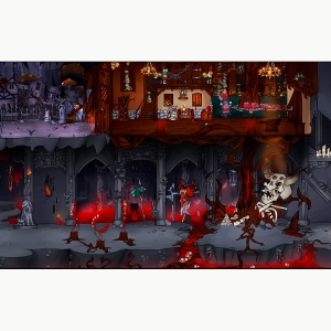 Mac Rose BFA'20的游戏艺术于项目L.这是一座灰色，石头建筑的主要场景，其中熔岩来自地面和距离的骷髅。右上角是房子内部，木制内部，厨房和树干。左上角是一个有黑暗建筑和蘑菇的街道。