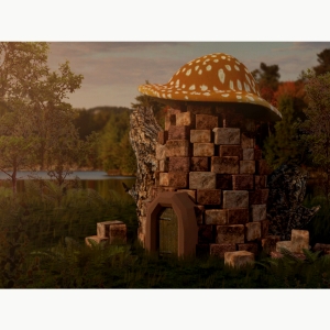 Rylee Cassel BFA’20设计的龙森林建筑的游戏艺术，由砖块制成，屋顶呈蘑菇状
